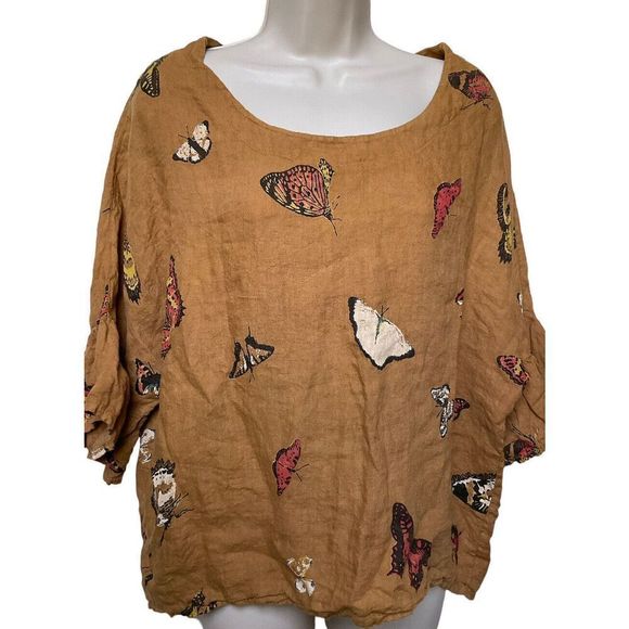 Viola Borghi Butterfly Print Linen Blouse Women L Flutter Sleeve Italy Lagenlook - Picture 1 of 11